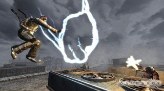 Cole blocking gunfire with the Polarity Wall.