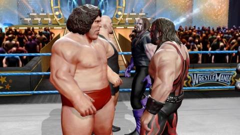 The wrestlers appear to be styled after huge, bulked-up action figures.