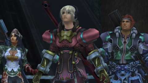 Sharla, Shulk and Reyn. All armor changes are visibly apparent in both the gameplay and cutscenes, hence interesting sartorial combinations like this.